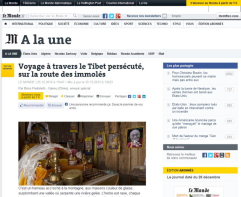 這是法國《世界報》今年12月25日對藏人自焚的翔實報導。 14張關於自焚藏地——安多拉卜讓與碌曲，關於自焚藏人的親人及當地寺院的紀實照片催人淚下！