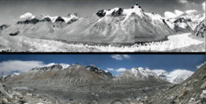 1921年至2008年期间西藏荣布冰川融化差异（RGS＆David Breashears / GlacierWorks）