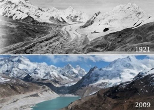 西藏卓奥友山北麓的冰川在1921年和2009年的对比图 照片/Royal Geographical Society