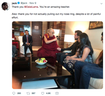 杰克多西在其推特上推出与达赖喇嘛尊者会晤的推文 照片/屏幕截图
