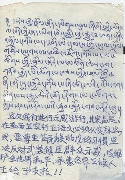 西藏大学学生沿路散发的藏中文的手稿纸传单  照片/索朗多吉