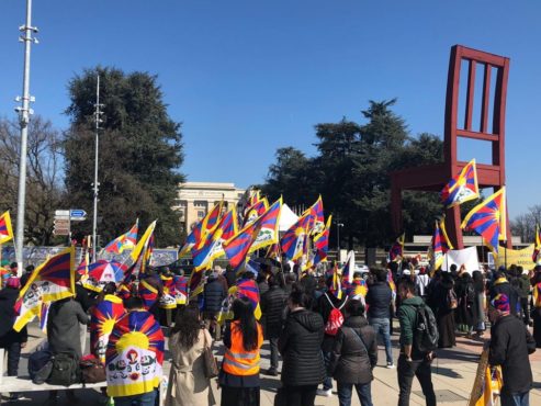 在日内瓦联合国总部大楼前进行和平抗议活动的瑞士藏人 2019年3月22日 照片/驻日内瓦办事处