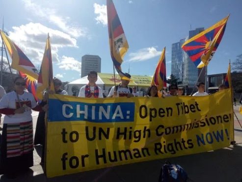 数百名流亡瑞士和列支敦士登的藏人在联合国人权理事会办公室前开展和平游行活动 2020年3月11日 照片/驻瑞士办事处提供