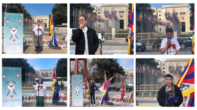 在日内瓦联合国总部前举行的和平游行活动上发言的藏人代表    2020年3月11日    照片/驻日内瓦办事处提供      