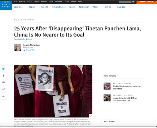 总部位于美国的“人权观察”发表声明要求中共立即释放第十一世班禅喇嘛