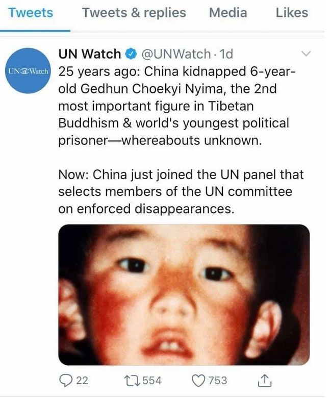 “联合国观察”在官方推特上发文转达对第十一世班禅喇嘛失踪问题的关切