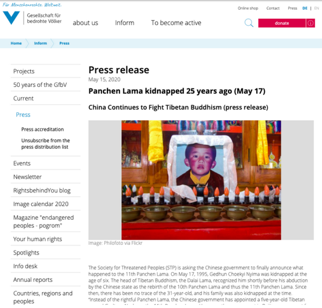 “受威胁人民协会”在其官方网站在发表声明，要求中共立即无条件释放第十一世班禅喇嘛