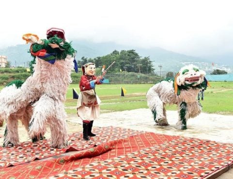 西藏歌舞与戏剧表演艺术学院在达兰萨拉举行的独立日庆祝活动上表演西藏雪狮舞 2020年8月15日 摄影/Tenzin Phende/CTA