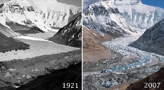 西藏的絨布冰川在1921至2007年間退縮了330英尺 照片/George L. Mallory/David Breashears